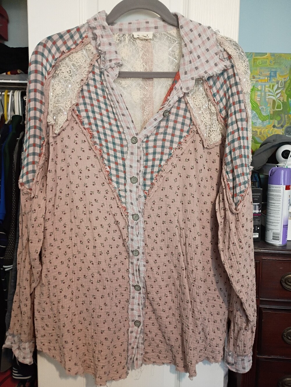 POL Patchwork Pink Button-Down Blouse with Lace Trim